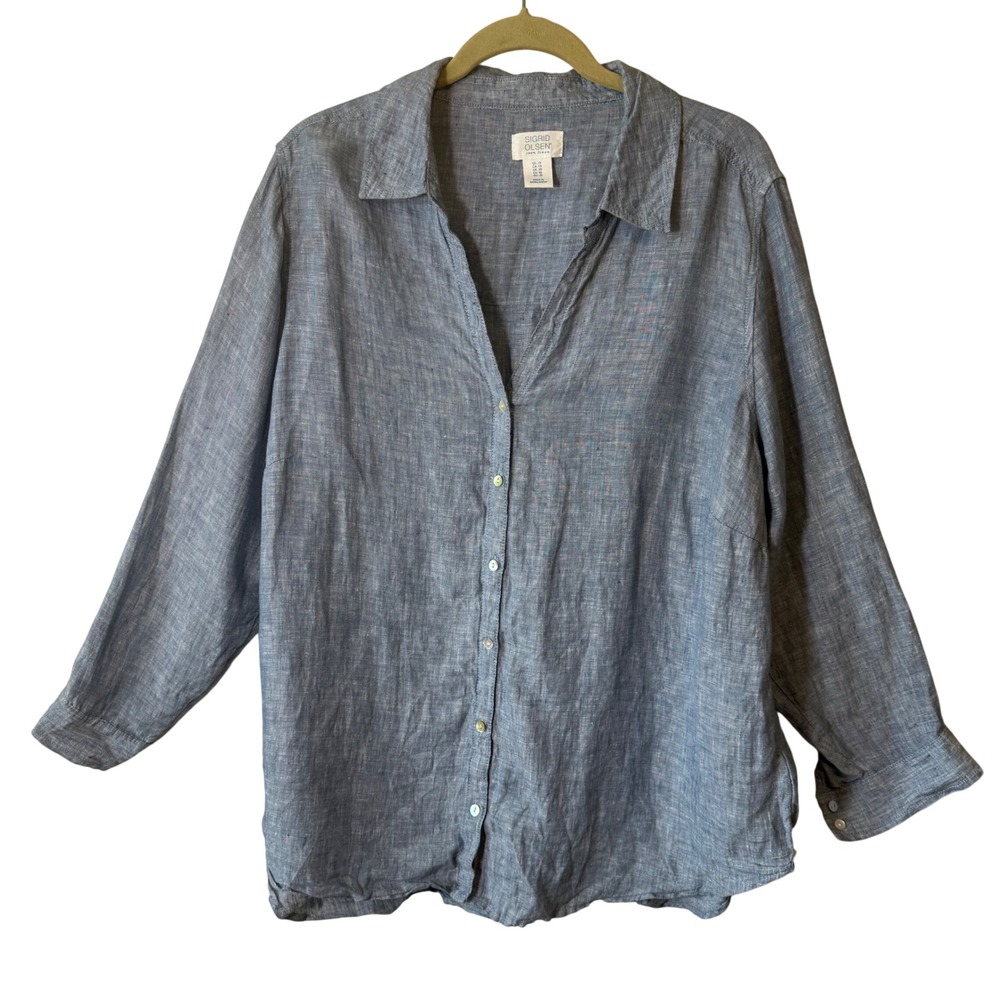 Sigrid Olsen‎ Women 1X Blue Linen Roll Tab Sleeve Button Down Shirt Top coastal